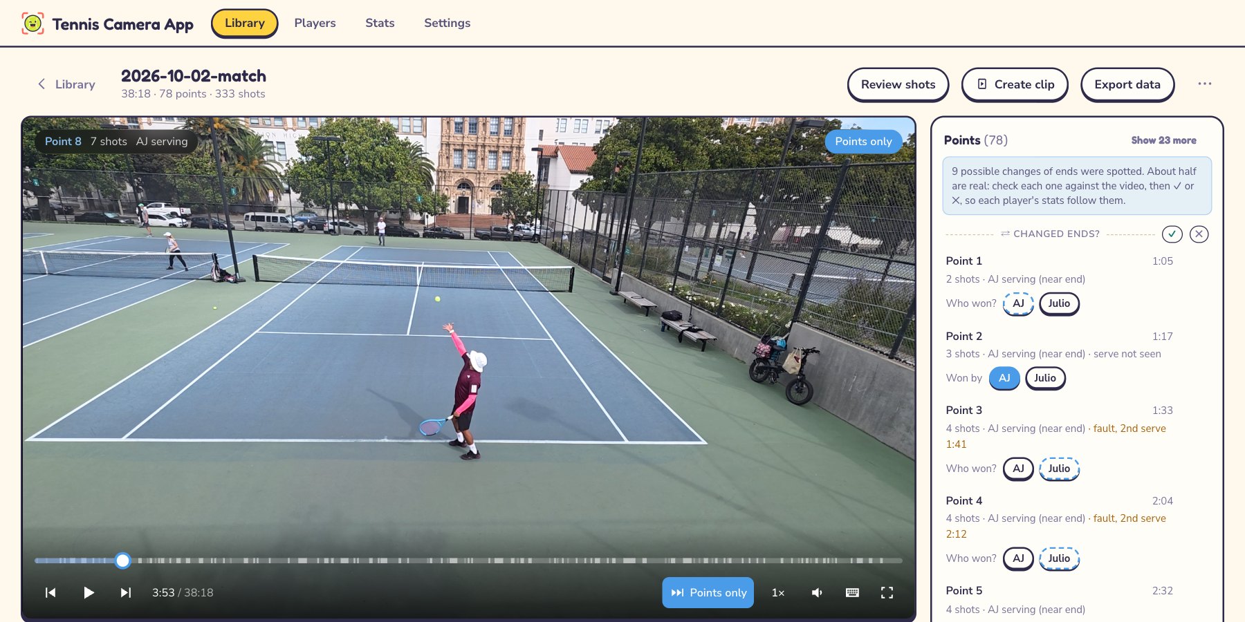 Tennis Camera App's match page: a player tossing a serve, labelled Point 8, 7 shots, AJ serving, with Points only switched on and the list of points beside the video.